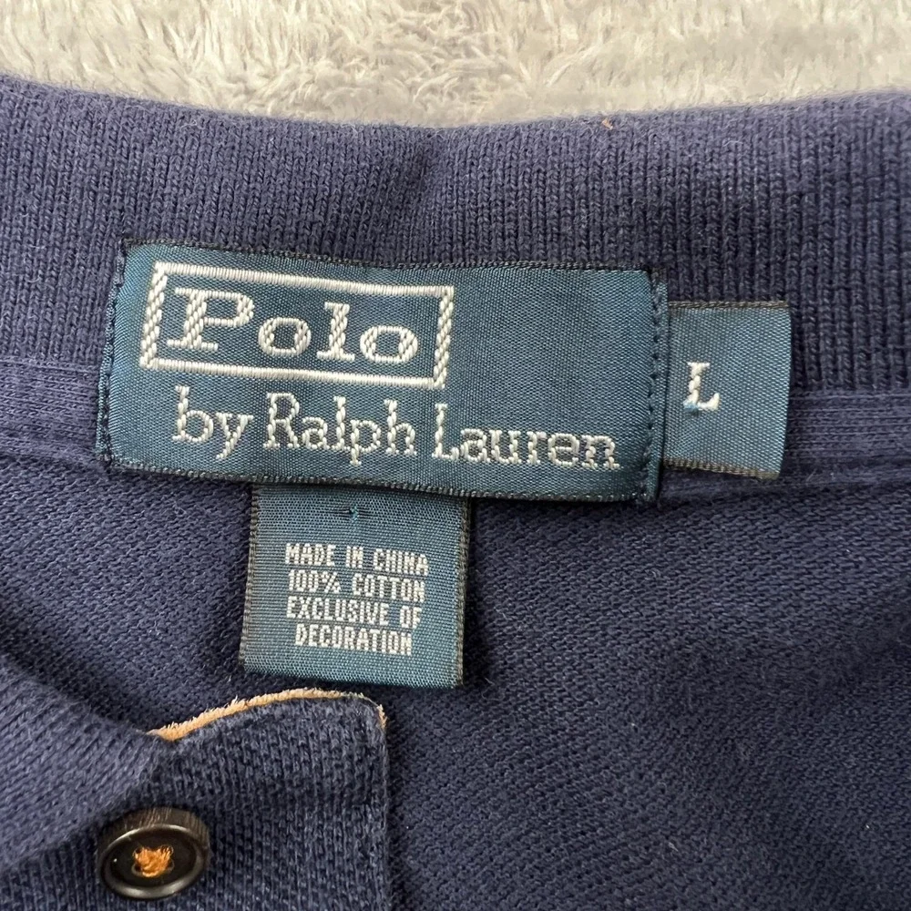 Polo Ralph Lauren‎ Classic Pique Polo Shirt Size L Navy Blue Preppy Suede Trim